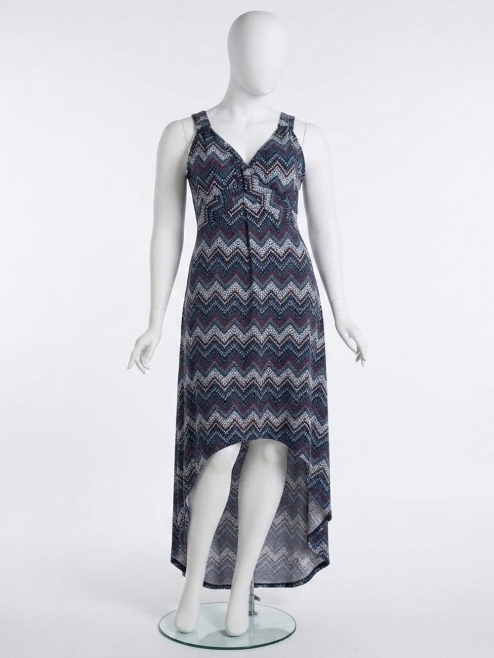 Denver Hayes Geometric Chevron Sleeveless Midi Dress Blue Burgundy Size M